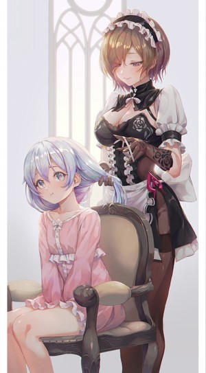 Anime girls in maid outfit and pajamas