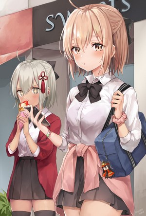 Two anime girls eating ice cream and walking