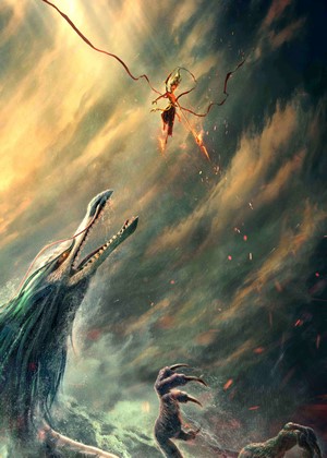Nezha fighting a dragon and monsters