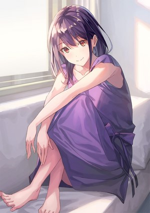 Anime girl with purple hair and dress sitting by window
