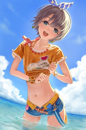 Anime girl in summer vacation outfit in the ocean