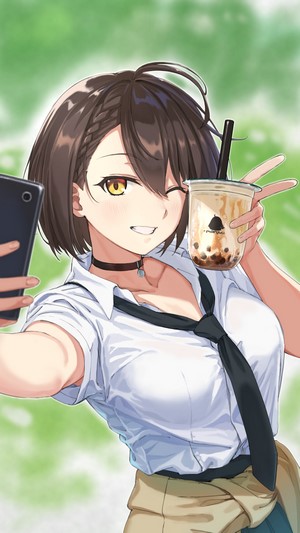 Baltimore from Azur Lane taking a selfie with bubble tea