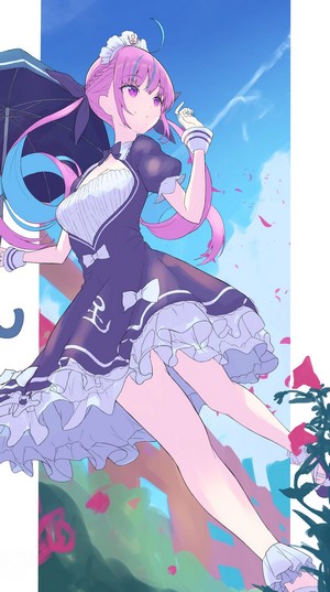 Anime girl with pink and blue hair holding an umbrella