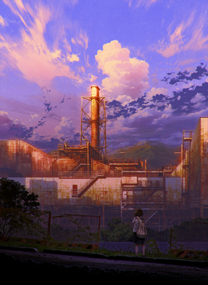 Anime girl standing in front of abandoned factory at sunset