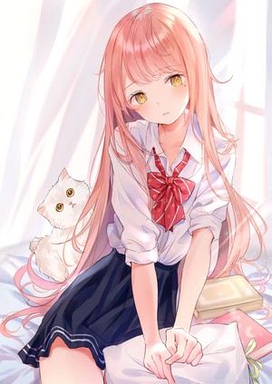 Anime girl with pink hair and cat in bed