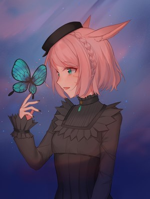 Anime girl with pink hair and cat ears holding a butterfly