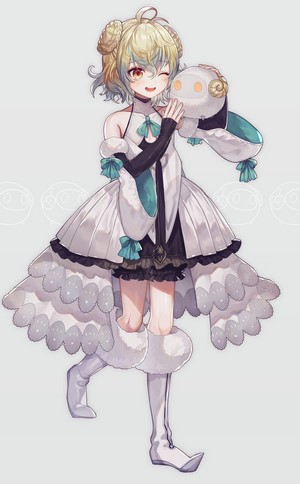 Anime girl with blonde hair holding a white creature