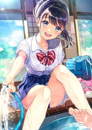 Anime girl in school uniform spraying water