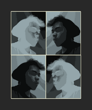 Monochrome portrait of a person in four panels