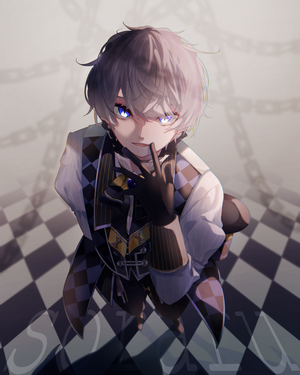 Male Utaite with glowing eyes on a checkerboard floor