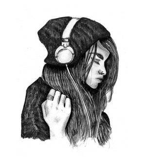 Pencil sketch of a girl listening to music