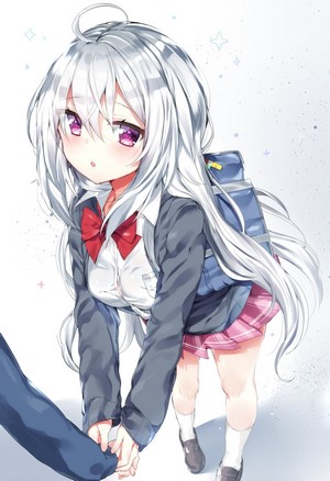 Anime girl with white hair and purple eyes holding hands