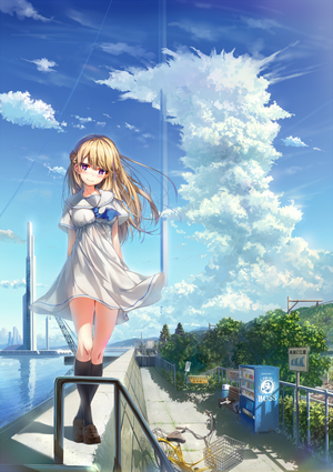 Anime girl in white dress by the water