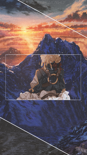 Violet Evergarden sitting in mountains at sunset