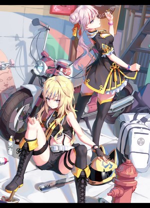 Two anime girls with a motorcycle and skateboards