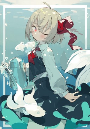 Anime girl with red bow and white fish