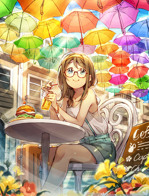 Anime girl with glasses at a cafe with umbrellas