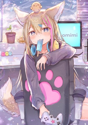 Anime girl with fox ears eating popsicle