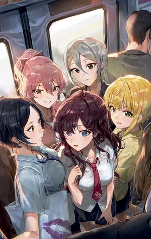 Anime girls on a train, artwork