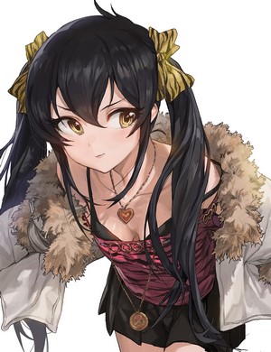 Anime girl with black pigtails and yellow ribbons