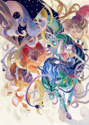 Woman riding a fantastical creature with flowing ribbons