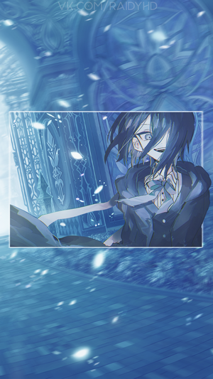 Anime girl in a dark suit with a blue background
