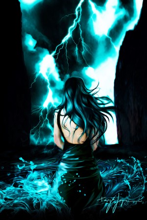 Woman in black dress in front of lightning storm