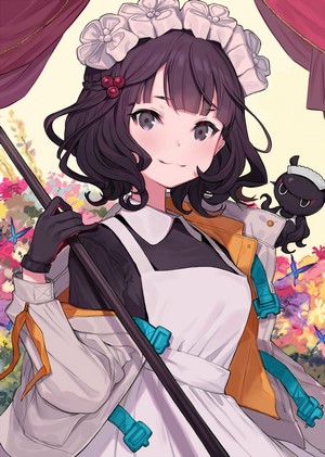 Anime girl with short hair and a maid outfit holding a staff