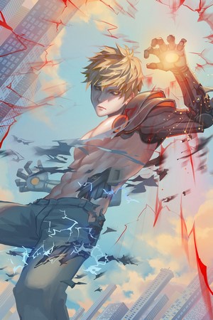 Genos from One-Punch Man in a city