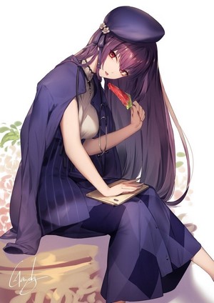 Scathach from Fate/Grand Order holding a chili pepper