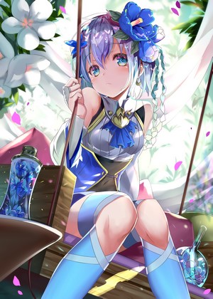 Anime girl with blue flowers in hair on a swing