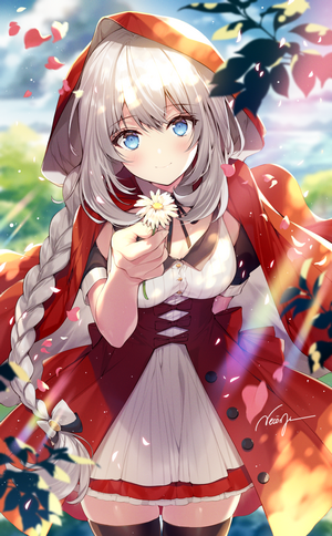 Anime girl in red hood holding a flower
