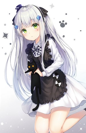 Anime girl with white hair holding a black cat
