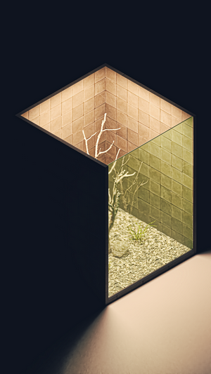 Isometric render of a miniature diorama with a dead tree