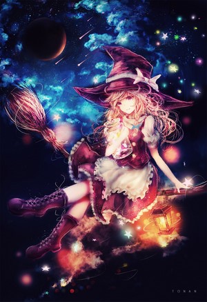 Kirisame Marisa from Touhou flying on a broomstick