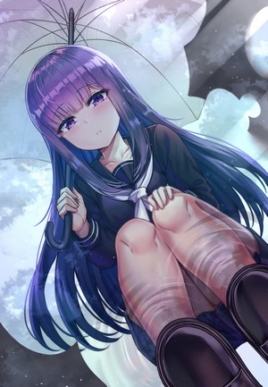 Anime girl with purple hair holding an umbrella