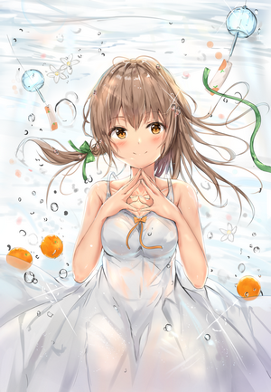 Anime girl in white dress underwater with oranges