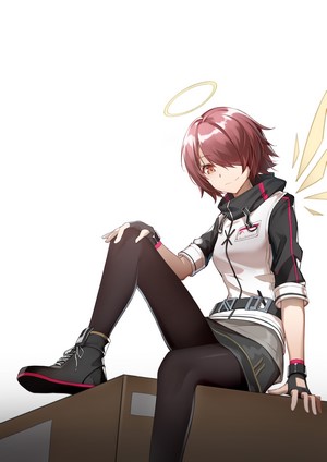 Exusiai from Arknights sitting on a box