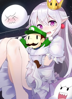 Booette from Super Mario holding Luigi plush