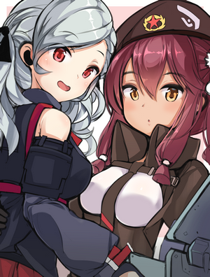 Two anime girls in military-style outfits