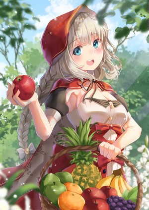 Anime girl in red hood holding an apple with a basket of fruit