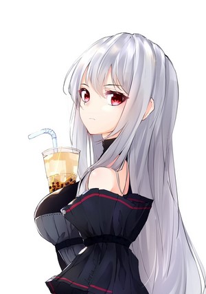 Skadi from Arknights holding a bubble tea