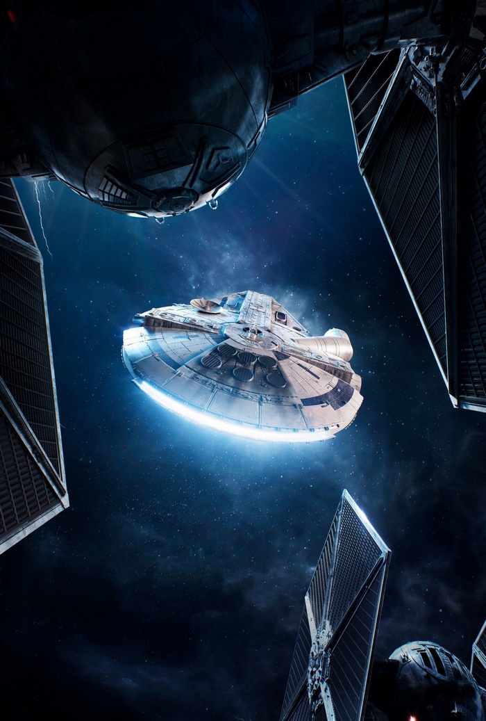 Millennium Falcon and TIE Fighters in Space