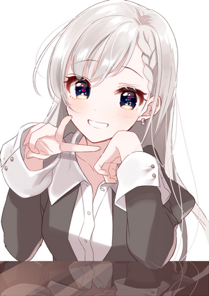 Anime girl with white hair making peace sign