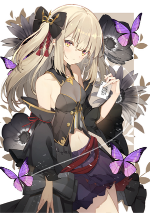 Anime girl with blonde hair and purple butterflies