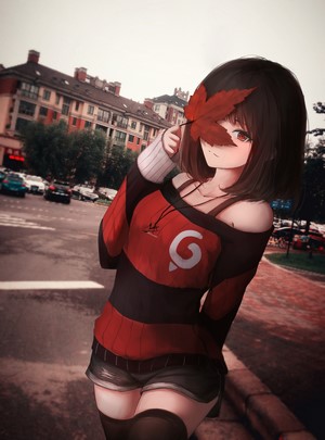 Anime girl with red leaf covering her eye