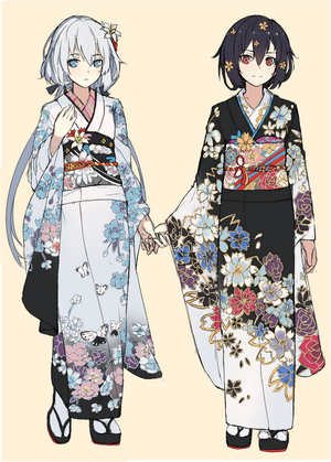 Two anime girls in kimonos holding hands
