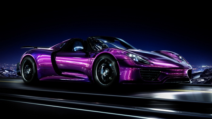 Purple Porsche 918 Spyder driving at night