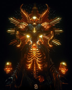 Billelis 3D Dark Skull with Golden Horns and Ribcage