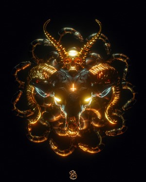 Billelis 3D dark goat skull with snakes